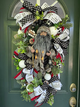 Load image into Gallery viewer, Woodland Santa Designer Christmas Wreath | Black, White &amp; Red Holiday Door Décor