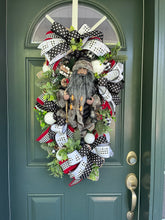 Load image into Gallery viewer, Woodland Santa Designer Christmas Wreath | Black, White &amp; Red Holiday Door Décor