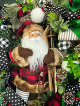 Load image into Gallery viewer, Luxury Woodland Santa Christmas Wreath | Rustic Buffalo Plaid Holiday Door Wreath | Handmade Christmas Décor