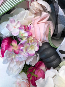 Custom Designer Handmade Pink, Green, Black and White Fall Wreath