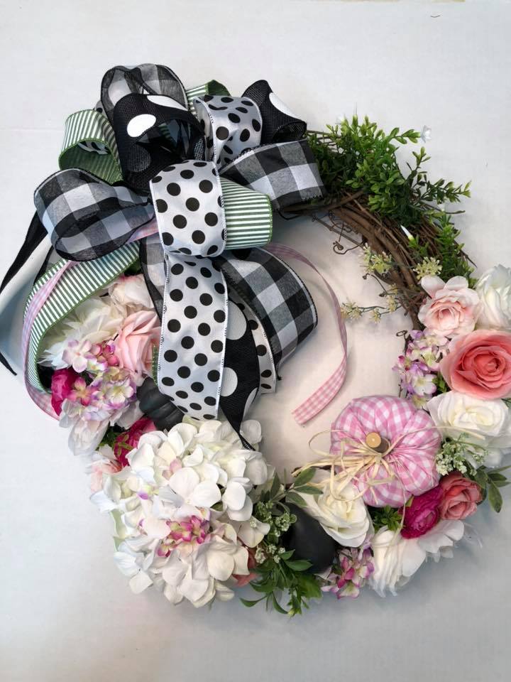 Custom Designer Handmade Pink, Green, Black and White Fall Wreath