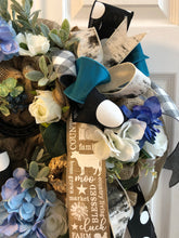 Laden Sie das Bild in den Galerie-Viewer, Custom designer handmade Blue, teal, black, white and burlap fall wreath