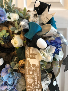 Custom designer handmade Blue, teal, black, white and burlap fall wreath