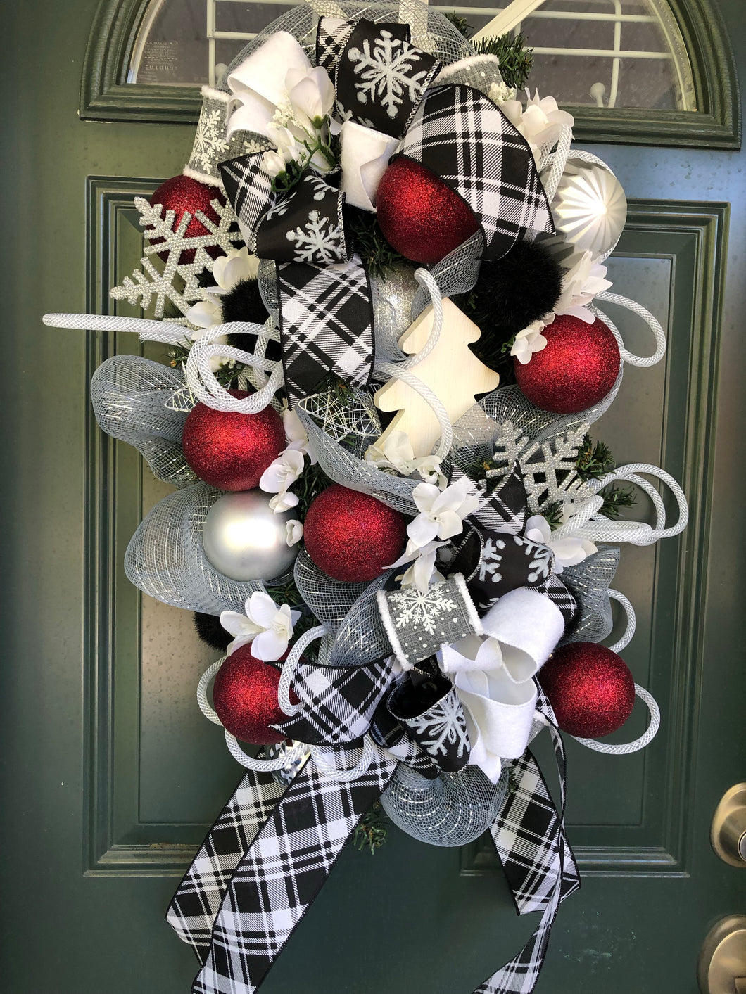 Custom designer handmade Black, White, Silver and Burgundy Wreath