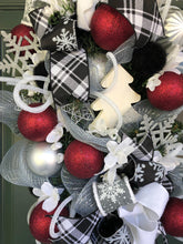 Load image into Gallery viewer, Custom designer handmade Black, White, Silver and Burgundy Wreath