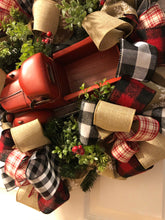 Load image into Gallery viewer, Custom designer handmade Classic Red Truck Merry Christmas Wreath