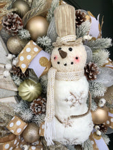 Load image into Gallery viewer, XL Snowman Gold and White/Cream Winter Wreath