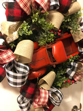 Load image into Gallery viewer, Custom designer handmade Classic Red Truck Merry Christmas Wreath