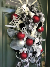 Load image into Gallery viewer, Custom designer handmade Black, White, Silver and Burgundy Wreath