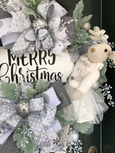 XL Merry Christmas Ballerina Rentier Silber und Weiß/Cremefarbener Kranz