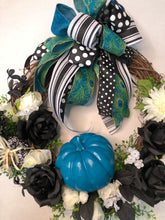 Laden Sie das Bild in den Galerie-Viewer, Custom designer handmade Blue, teal and black fall wreath