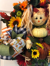 Load image into Gallery viewer, Custom designer handmade boy and girl scarecrow wreaths