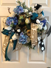 Load image into Gallery viewer, Custom designer handmade Blue, teal, black, white and burlap fall wreath