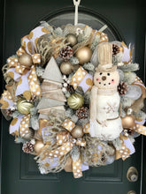 Load image into Gallery viewer, XL Snowman Gold and White/Cream Winter Wreath