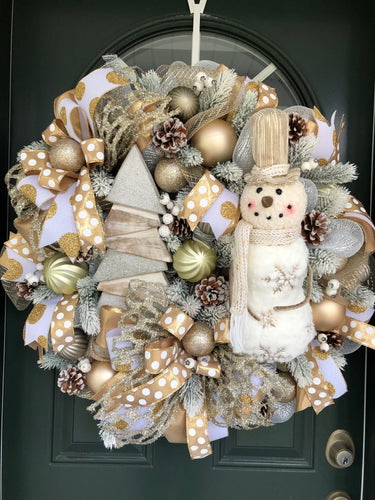 XL Snowman Gold and White/Cream Winter Wreath