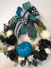 Load image into Gallery viewer, Custom designer handmade Blue, teal and black fall wreath