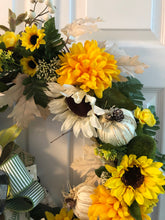 Load image into Gallery viewer, Custom Designer Handmade Yellow, green, black and cream sophisticated wreath