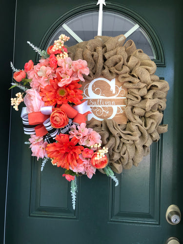 Custom designer handmade Monogram Burlap Wreath