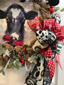 Custom designer handmade Christmas Country Cow Wreath