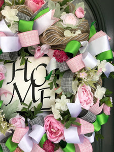 Custom Designer Handmade Pink, Green, Natural and White Home Wreath