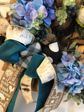 Load image into Gallery viewer, Custom designer handmade Blue, teal, black, white and burlap fall wreath