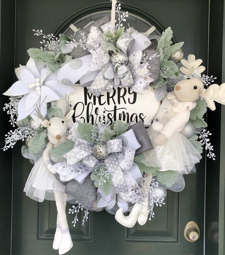 XL Merry Christmas Ballerina Reindeer Silver and White/Cream Wreath