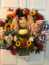 Load image into Gallery viewer, Custom designer handmade boy and girl scarecrow wreaths