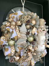 Load image into Gallery viewer, XL Snowman Gold and White/Cream Winter Wreath