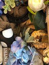 Cargar imagen en el visor de la galería, Custom designer handmade Blue, teal, black, white and burlap fall wreath