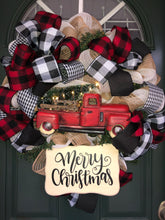 Load image into Gallery viewer, Custom designer handmade Classic Red Truck Merry Christmas Wreath