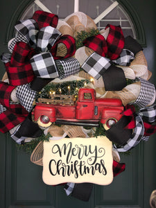 Custom designer handmade Classic Red Truck Merry Christmas Wreath