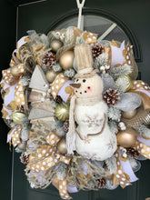 Load image into Gallery viewer, XL Snowman Gold and White/Cream Winter Wreath