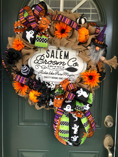 Custom Designer Handmade Salem Broom Company Halloween Wreath