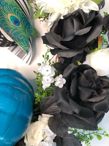 Custom designer handmade Blue, teal and black fall wreath